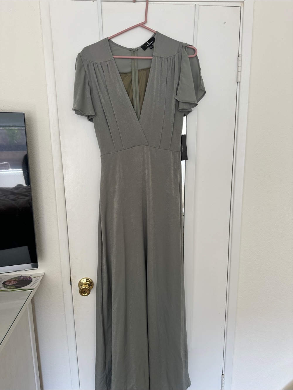 Lulu's Olive Green V-Neck Flutter Sleeve Maxi Dress